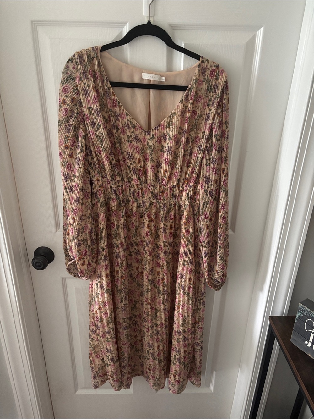 Lush Cream Floral Long Sleeve V-Neck Midi Dress with Pink Accents (worn once)